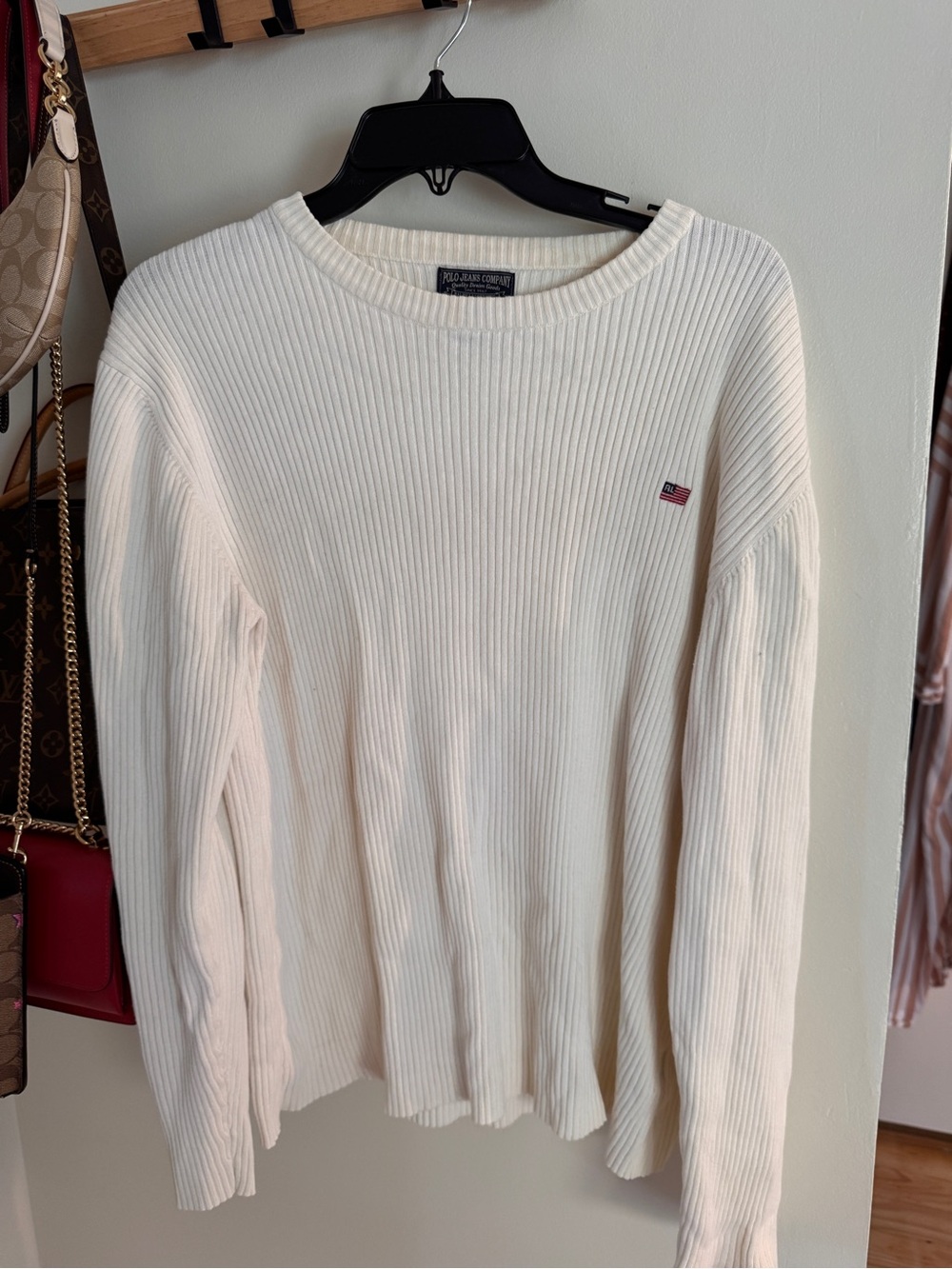 Polo by Ralph Lauren Cream Ribbed Crewneck Sweater with Polo Flag